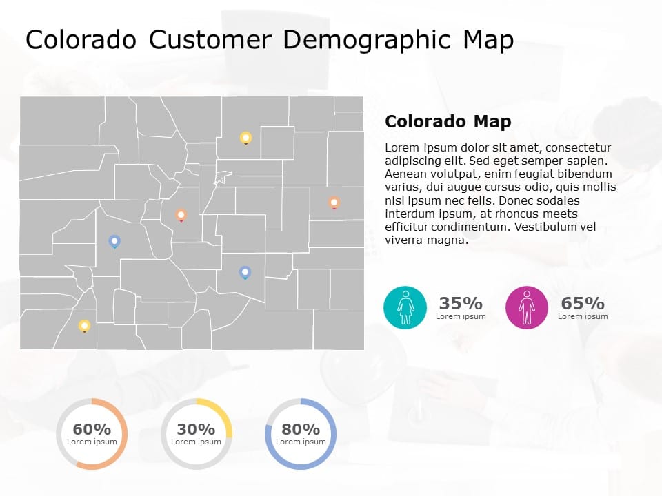 Colorado Map Powerpoint Colorado Demographic Map with Colorful Pin Indicators Presentation Template