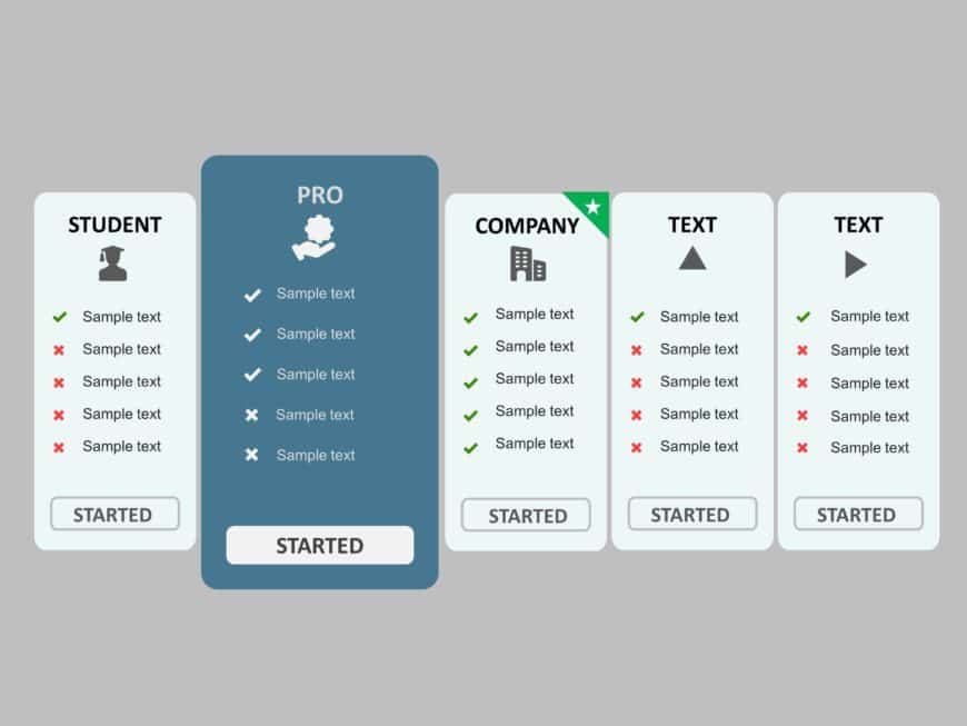 Gray and Blue Pricing Comparison Chart with Icon Highlights Powerpoint Template