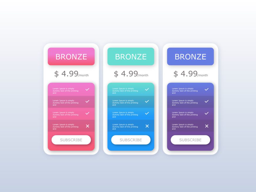 Gradient Tri-Color Pricing Cards for Subscription Plans Presentation Template