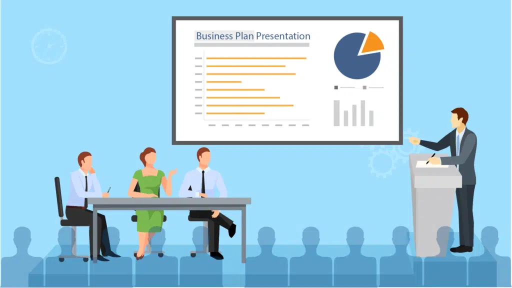 How to Make a Business Plan Presentation Tutorial & Examples blue infographic with four people