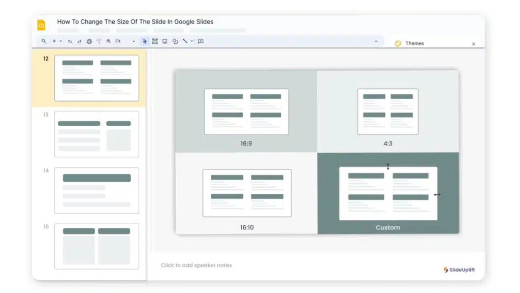 A representation of the different Google Slides size options