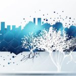 Blue White Skyline Trees background image & Google Slides Theme