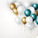 Teal Gold White Balloons background image & Google Slides Theme