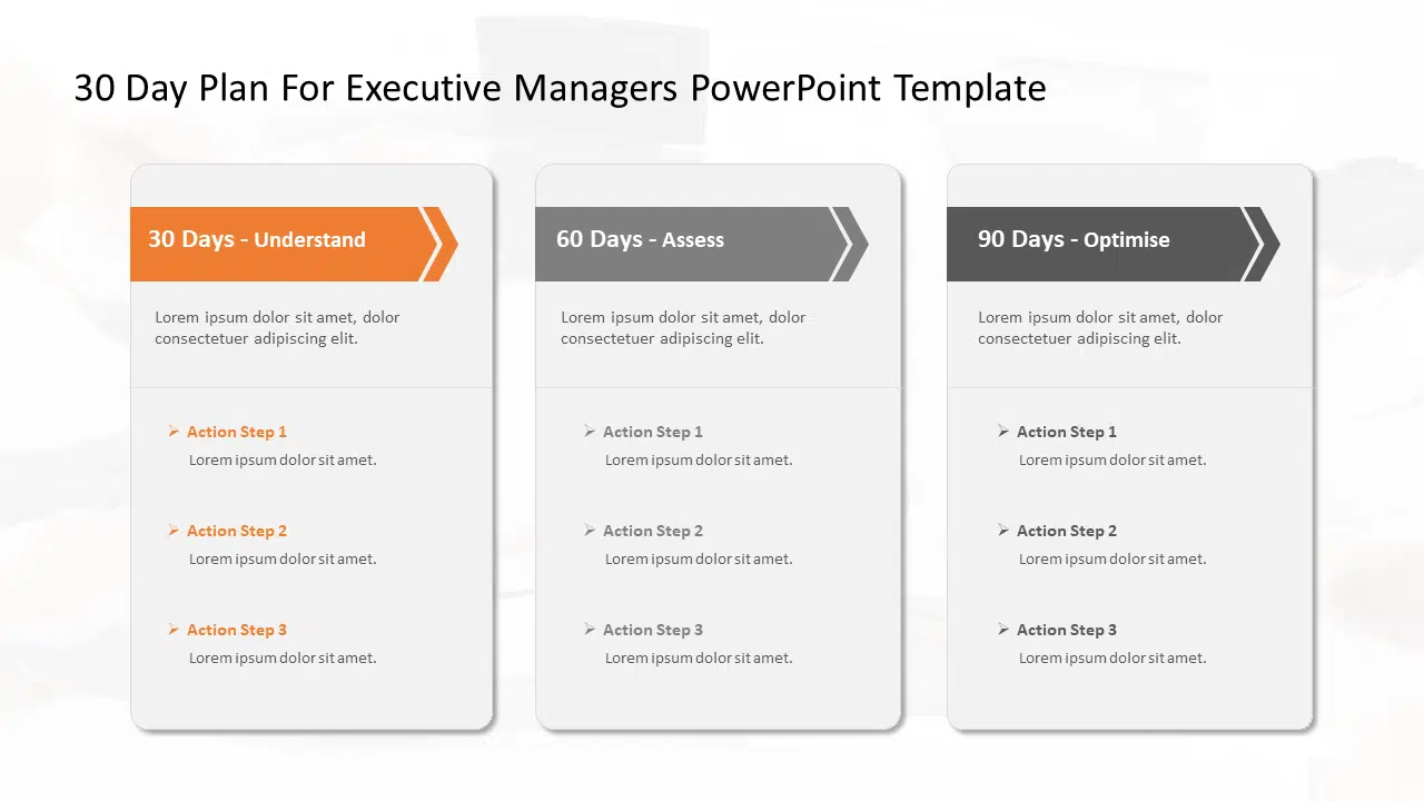 30 60 90 Day Plan for Executive Managers PowerPoint Template & Google Slides Theme