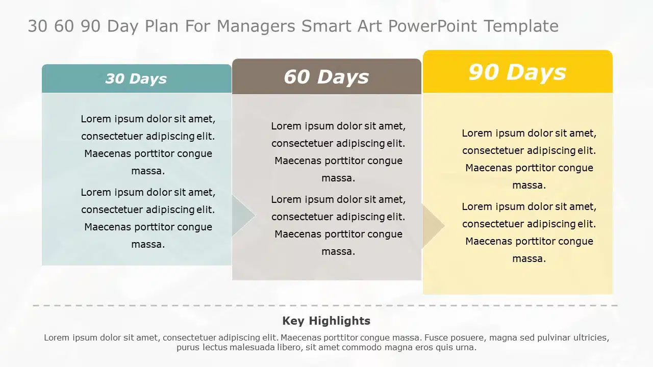 30 60 90 Day Plan for Managers Smart Art PowerPoint Template & Google Slides Theme