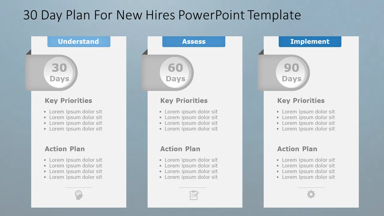 30 60 90 Day Plan for New Hires PowerPoint Template & Google Slides Theme