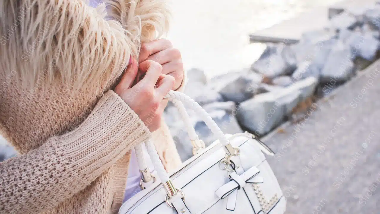 Beige Sweater White Handbag Stone Water background image & Google Slides Theme