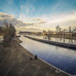 Blue River CobblestonePath People Skyline background image & Google Slides Theme