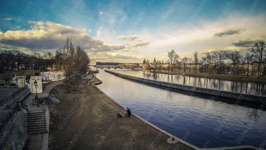 Blue River CobblestonePath People Skyline background image