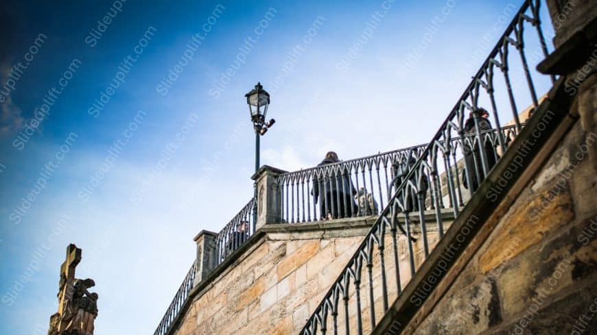 Blue Sky Stone Stairs Lamp Post People background image