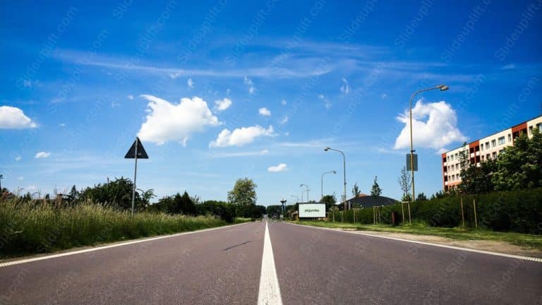 Blue sky white clouds road signs street lamps background image & Google Slides Theme