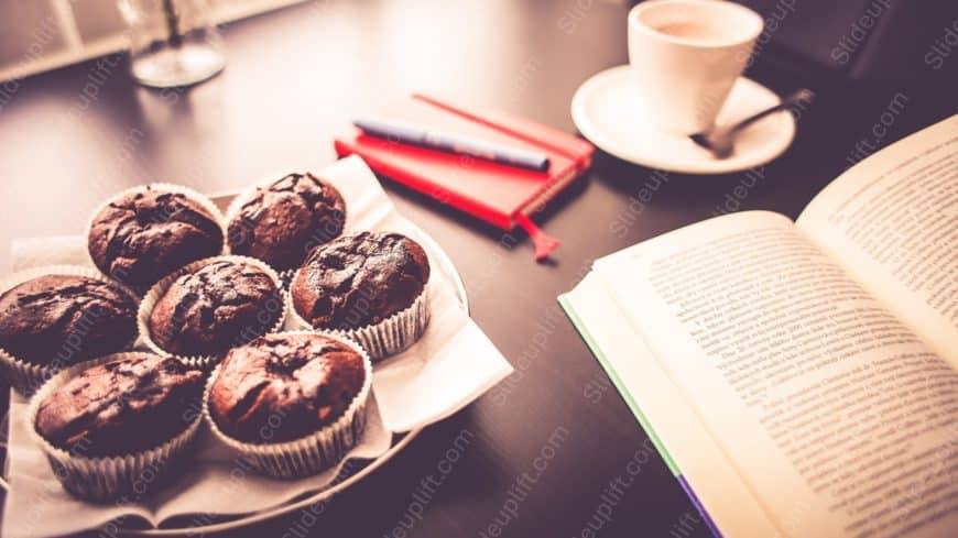 Brown muffins red book white cup background image
