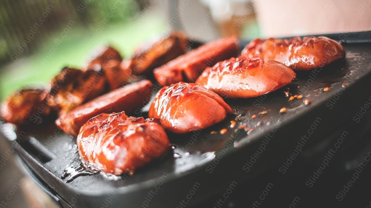 Glistening Mahogany Sausages Cooking background image & Google Slides Theme