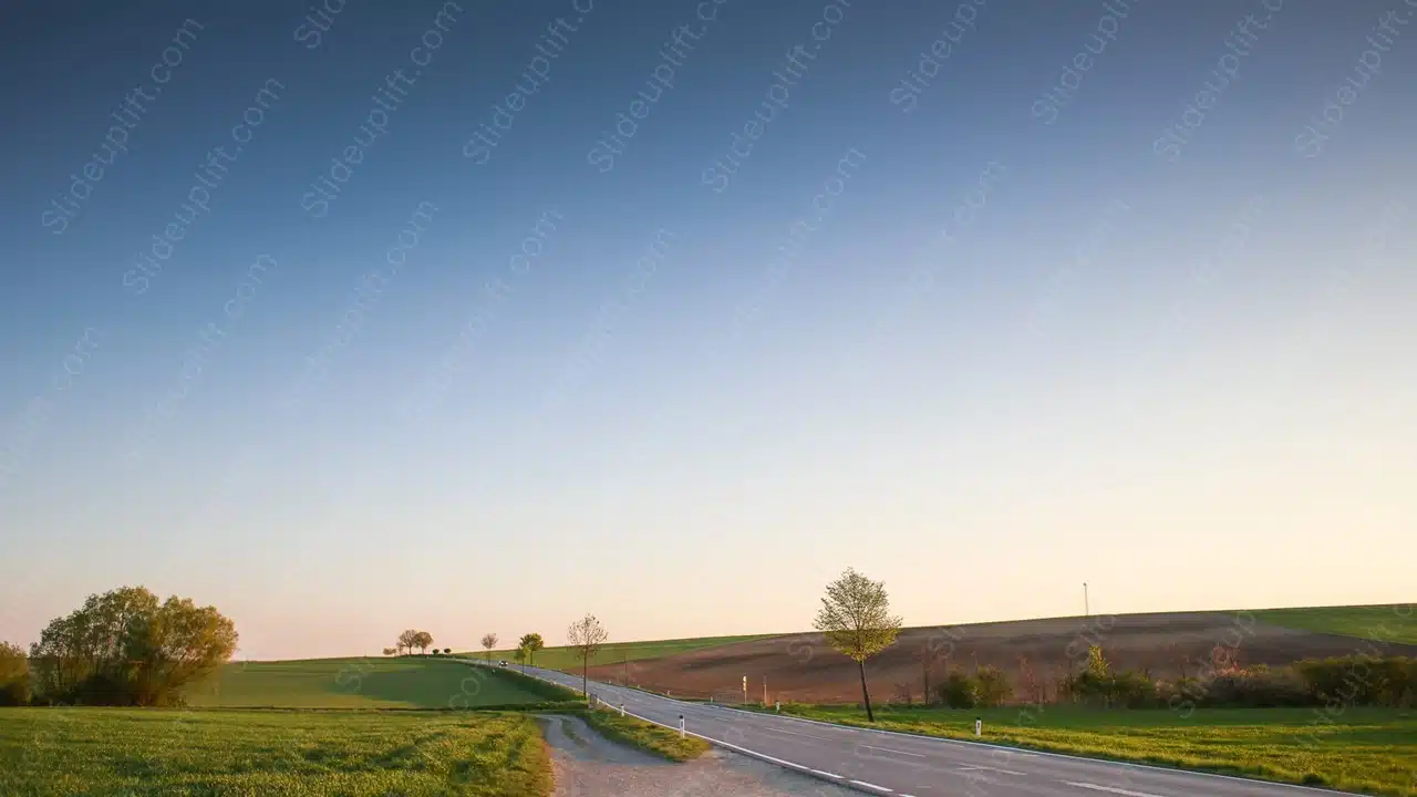 Gradient blue sky green fields road background image & Google Slides Theme