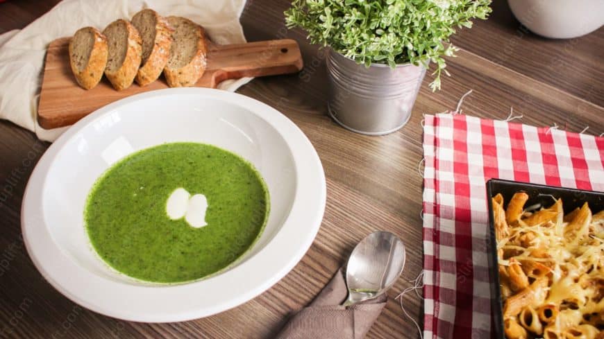 Green Soup Bowl Checkered Tablecloth background image