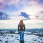 Lavender Purple Clouds Snowy Landscape Person background image & Google Slides Theme