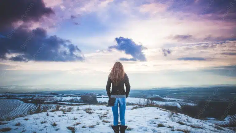 Lavender Purple Clouds Snowy Landscape Person background image & Google Slides Theme