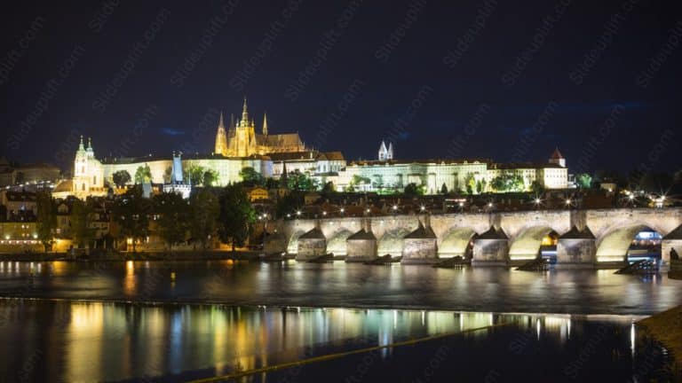 Midnight Blue Golden Lit Bridge Castle background image & Google Slides Theme