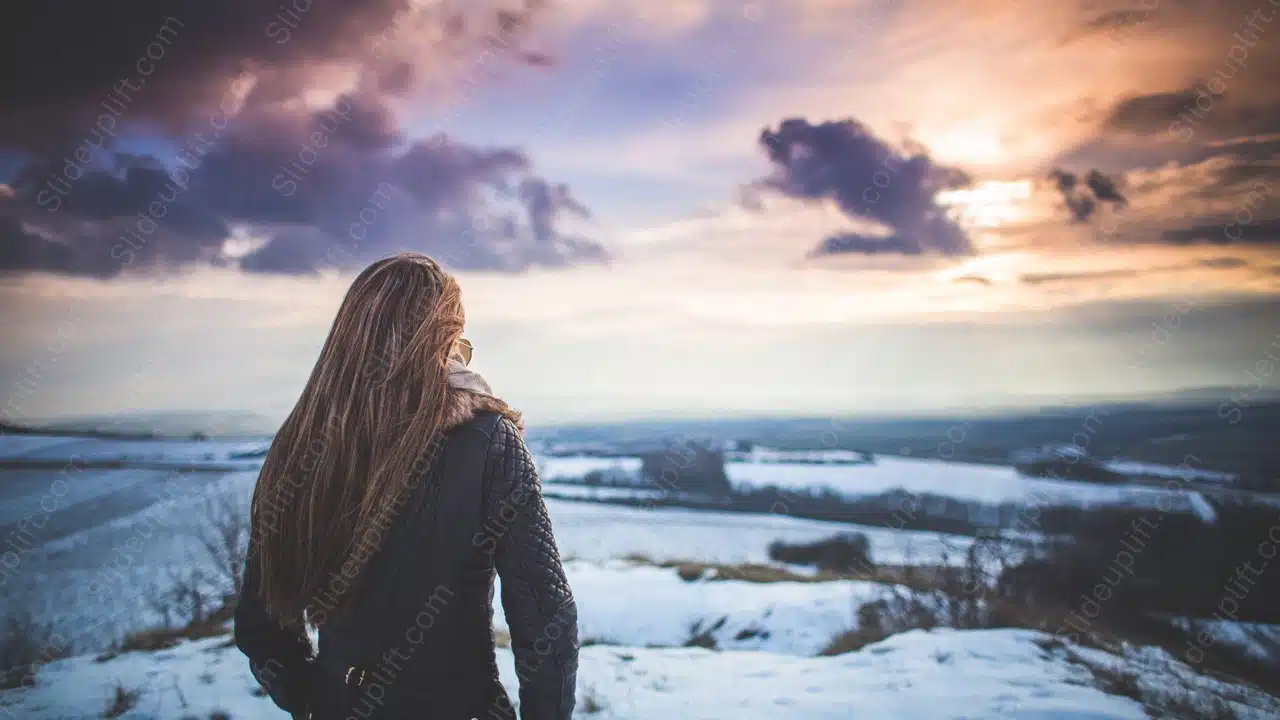 Peach Sunset Woman Snowy Field background image & Google Slides Theme