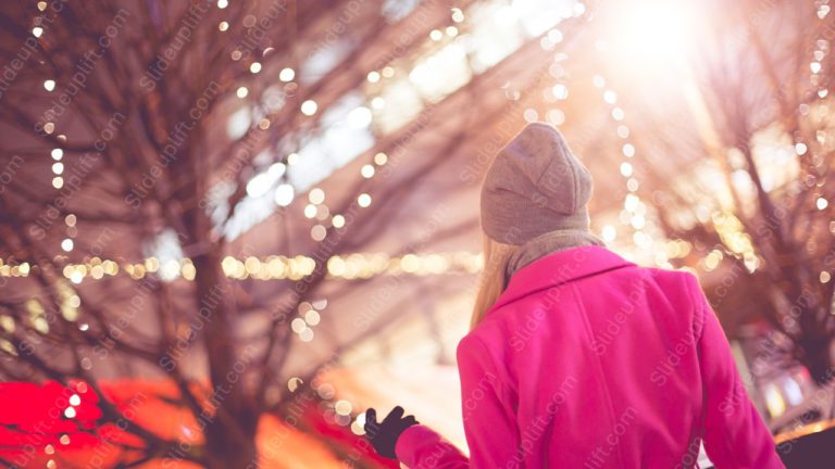 Pink Coat Person Brown Hat RearView Warm Lights background image & Google Slides Theme