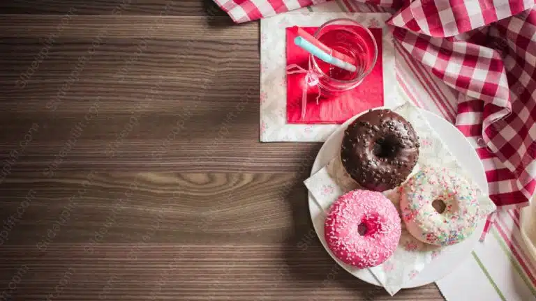 Pink White Brown Donuts Red Checkered Napkin Wooden Table Background Image & Google Slides Theme