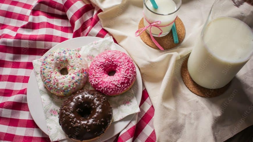 Pink White Brown Doughnuts and Milk background image