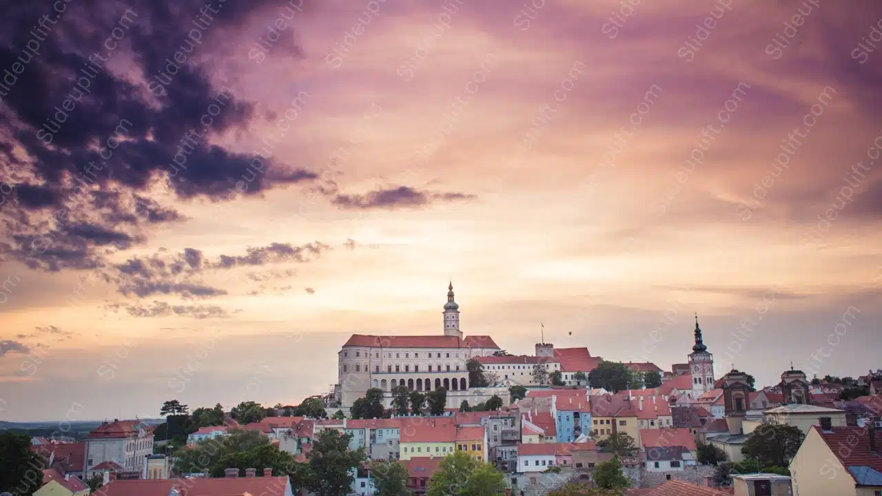 Purple Orange Sky Castle Town background image & Google Slides Theme