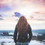 Purple Orange Sky Woman Snowy Field background image & Google Slides Theme