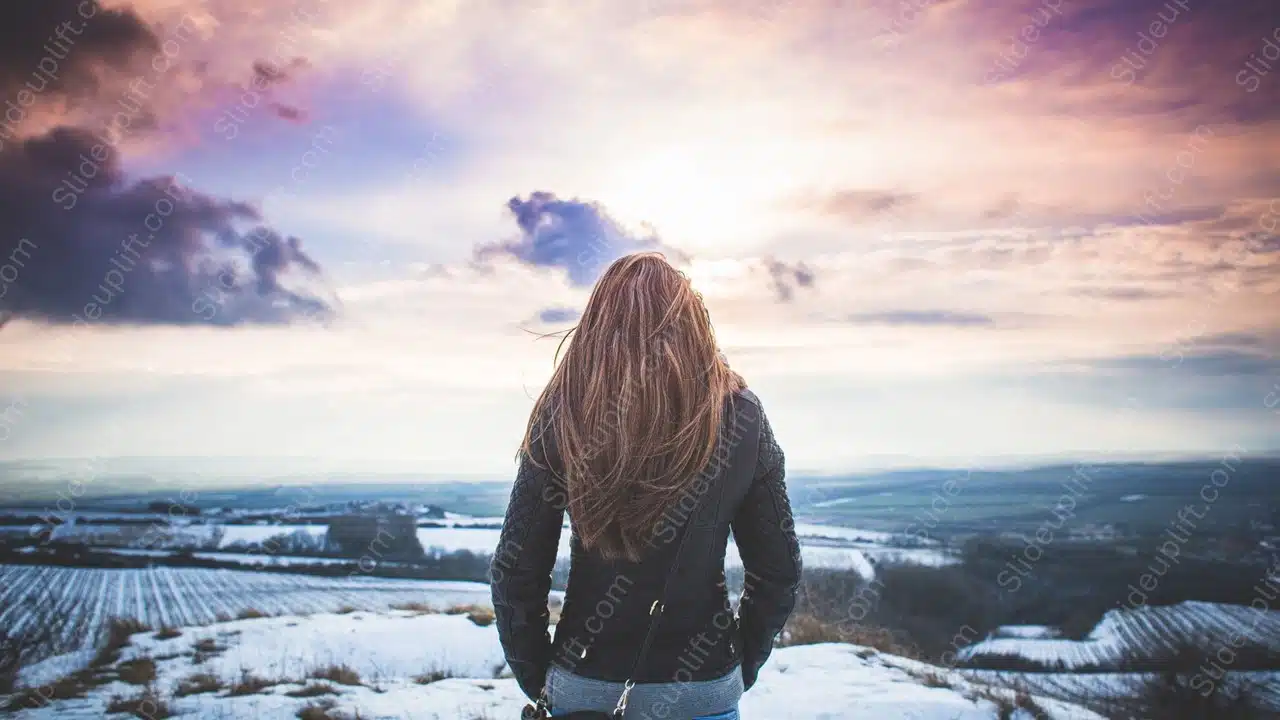 Purple Orange Sky Woman Snowy Field background image & Google Slides Theme