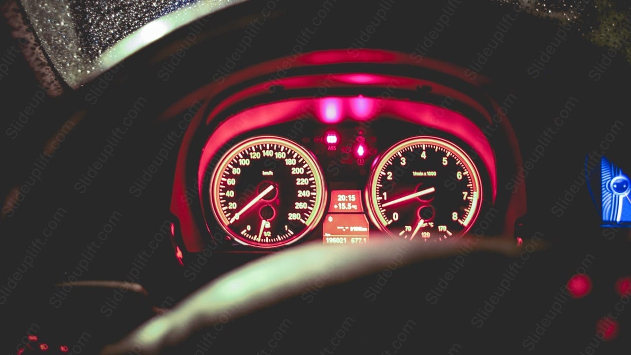 Red Glowing Speedometer and Tachometer Nighttime Driving background image & Google Slides Theme