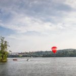 Red White Hot Air Balloon Lake Trees background image & Google Slides Theme