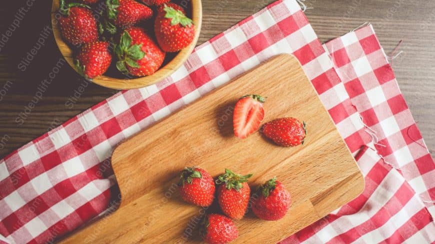 Red White Strawberries Wooden Board and Checkered Cloth background image