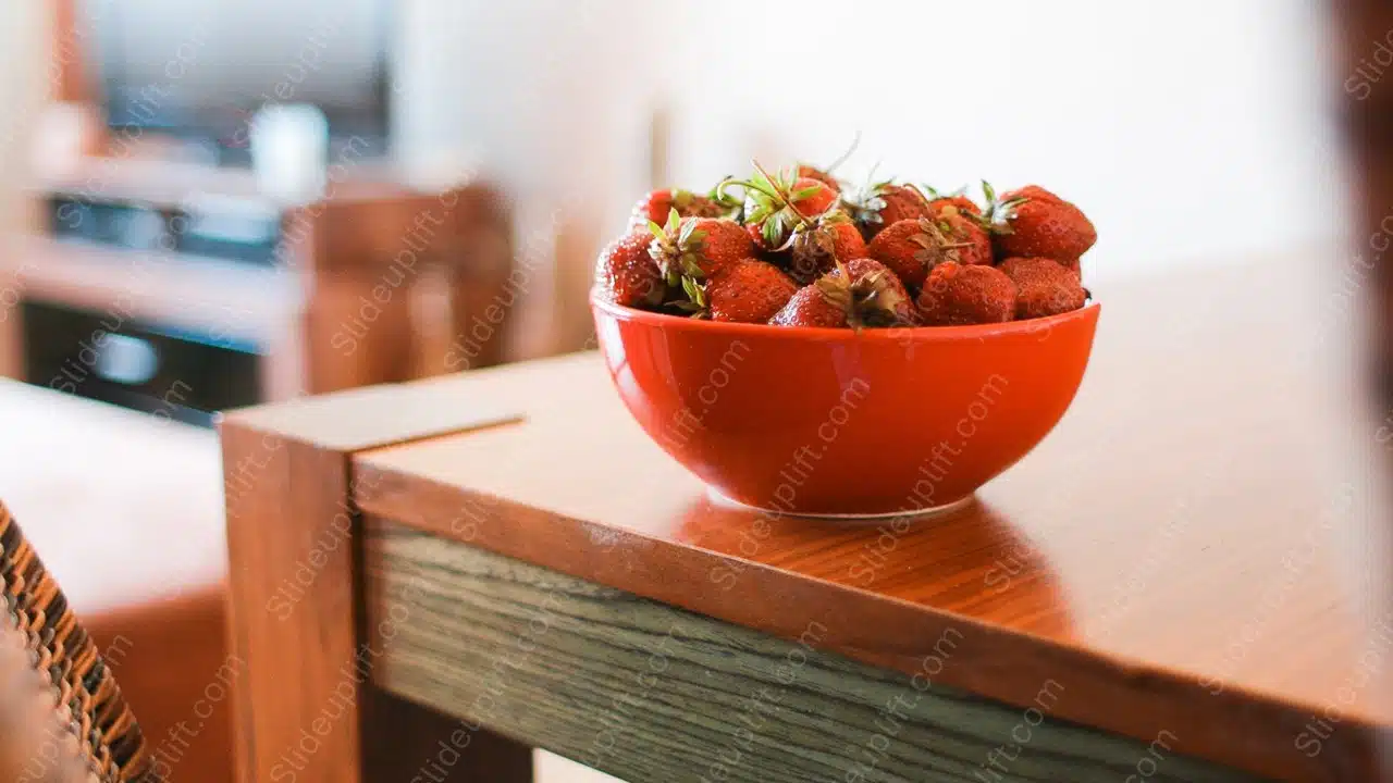 Red strawberries bright bowl wooden table background image & Google Slides Theme