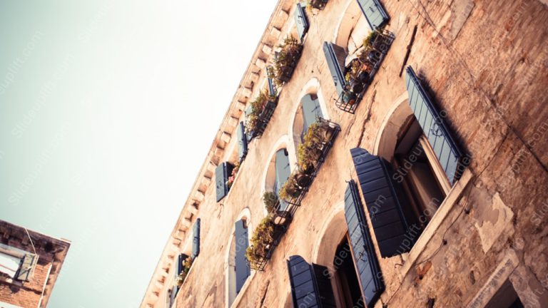 Sepia Toned Building Facade with Shutters background image & Google Slides Theme