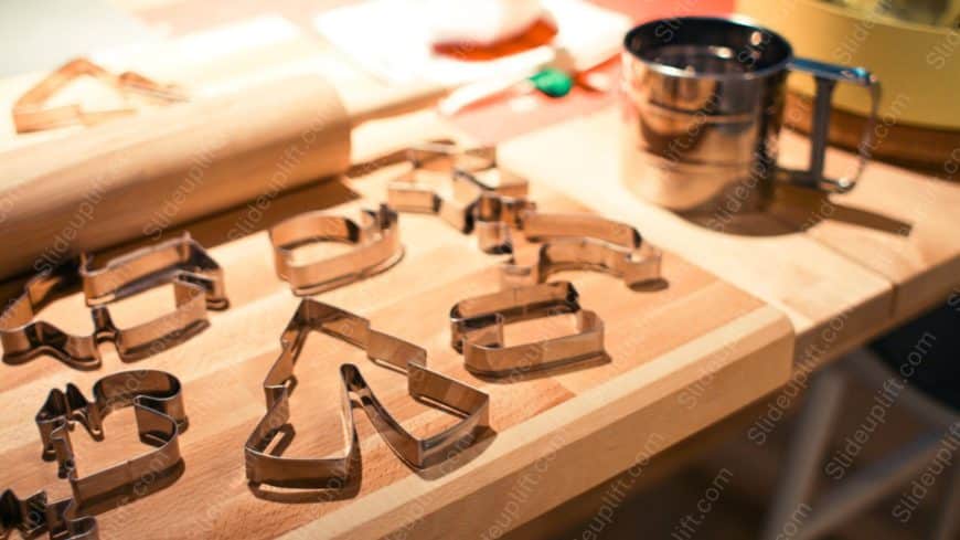 Silver cookie cutters wooden board background image