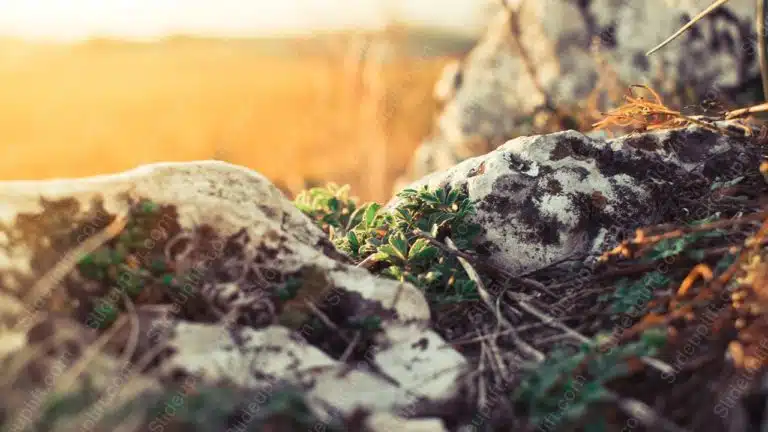 Warm Golden Rocks and Green Plants Sunset background image & Google Slides Theme