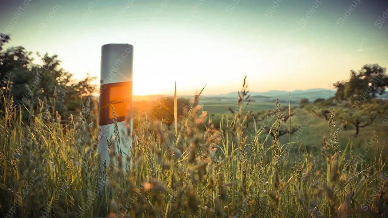 Warm Orange Glow Pole Green Grass Sunset background image & Google Slides Theme