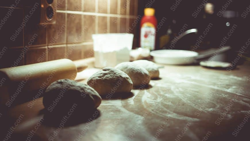 Warm brown rolling pin dough loaves kitchen counter background image