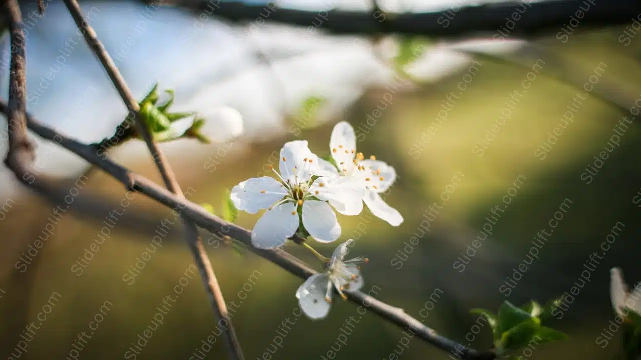 White Cherry Blossoms Green and Brown background image & Google Slides Theme