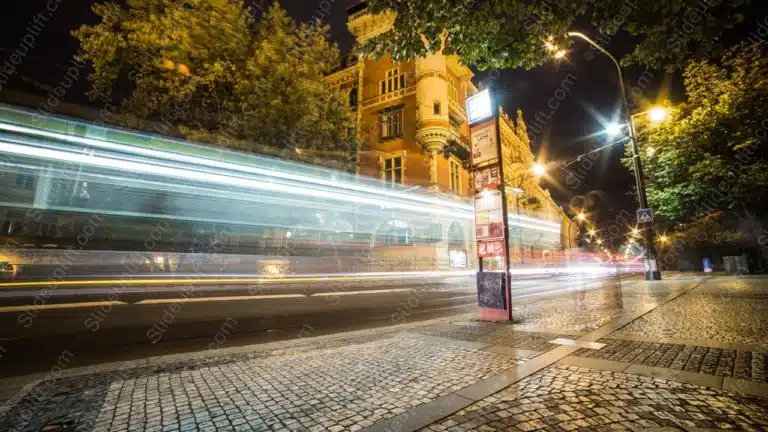 White Yellow LightStreaks BrownBuilding Streetlamp NightSky background image & Google Slides Theme