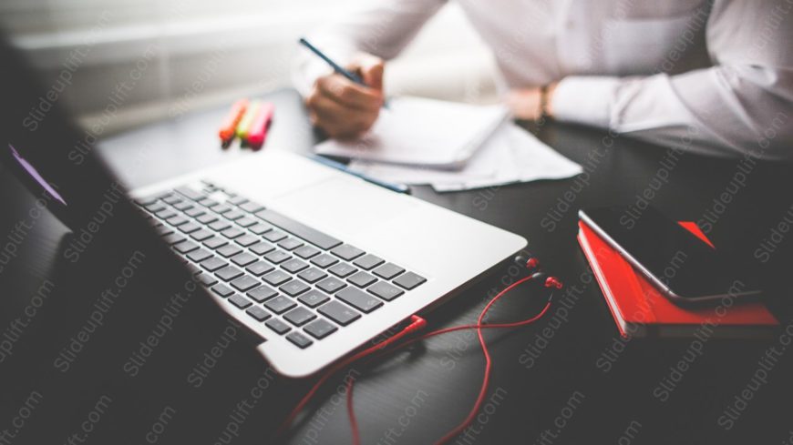 White laptop red earphones black smartphone background image