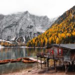 Autumn Yellow Boats Wooden Cabin Mountain background image & Google Slides Theme