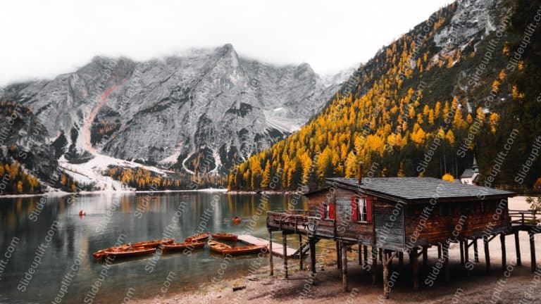 Autumn Yellow Boats Wooden Cabin Mountain background image & Google Slides Theme