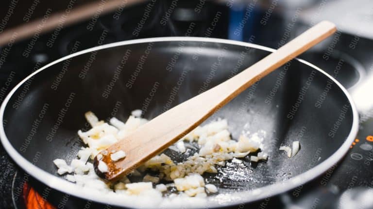 Black FryingPan BrownWoodenSpoon CookingOnions background image & Google Slides Theme