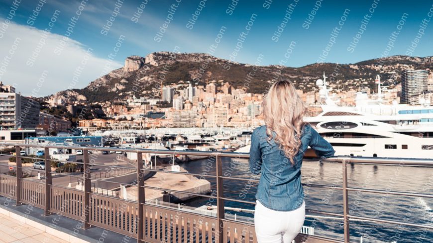 Blue Jean Shirt White Pants Woman Harbor Yachts Mountains background image