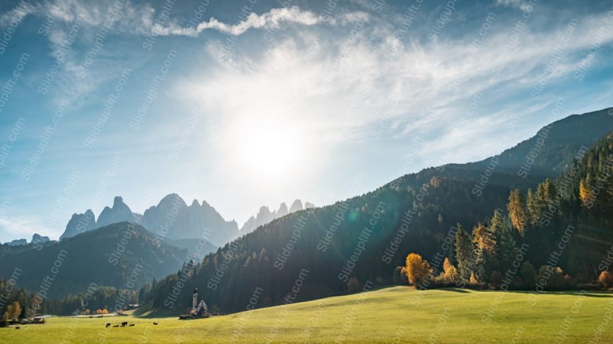 Blue Sky Green Meadow Mountain Range Church background image