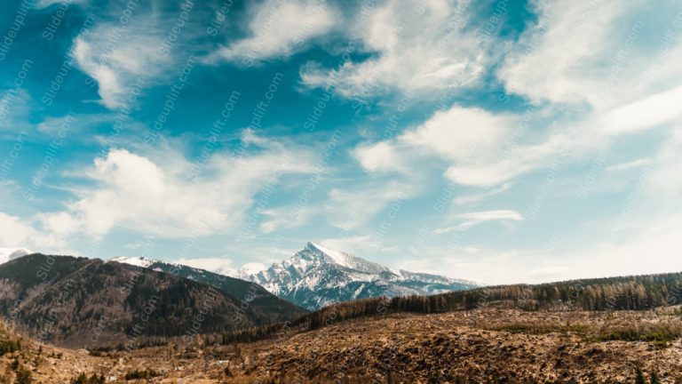 Blue Sky White Clouds Brown Mountain Green Trees background image & Google Slides Theme