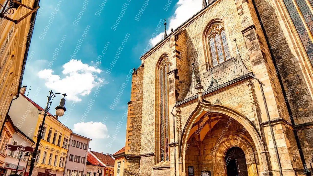 Blue Sky Yellow Building Gothic Church background image & Google Slides Theme