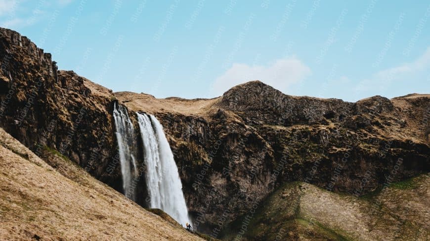 Blue White Waterfall Green Brown Mountain background image