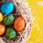 Blue Yellow Green Orange Easter Eggs Nest background image & Google Slides Theme